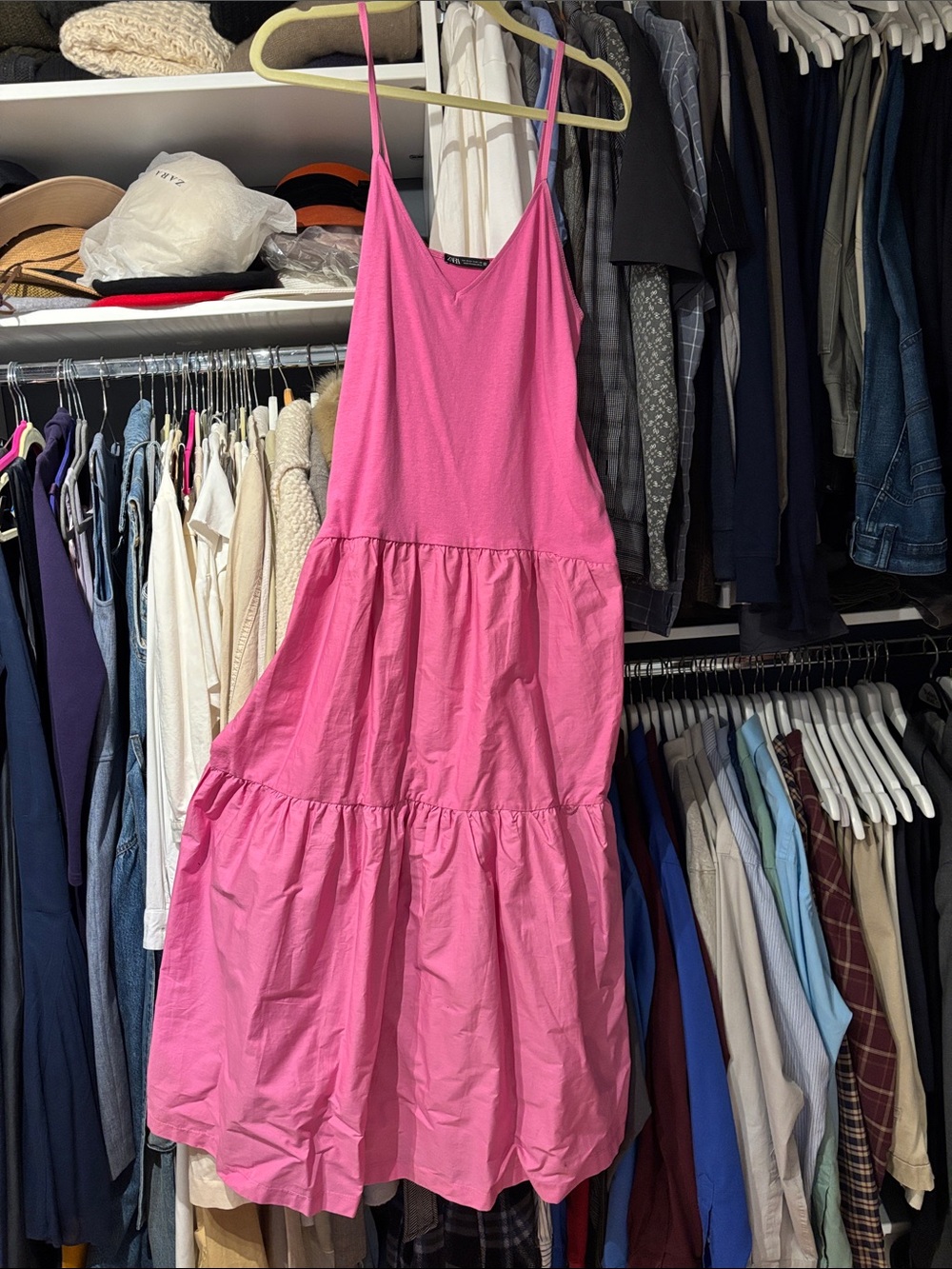 Zara Bright Pink Tiered Maxi Dress with Spaghetti Straps
